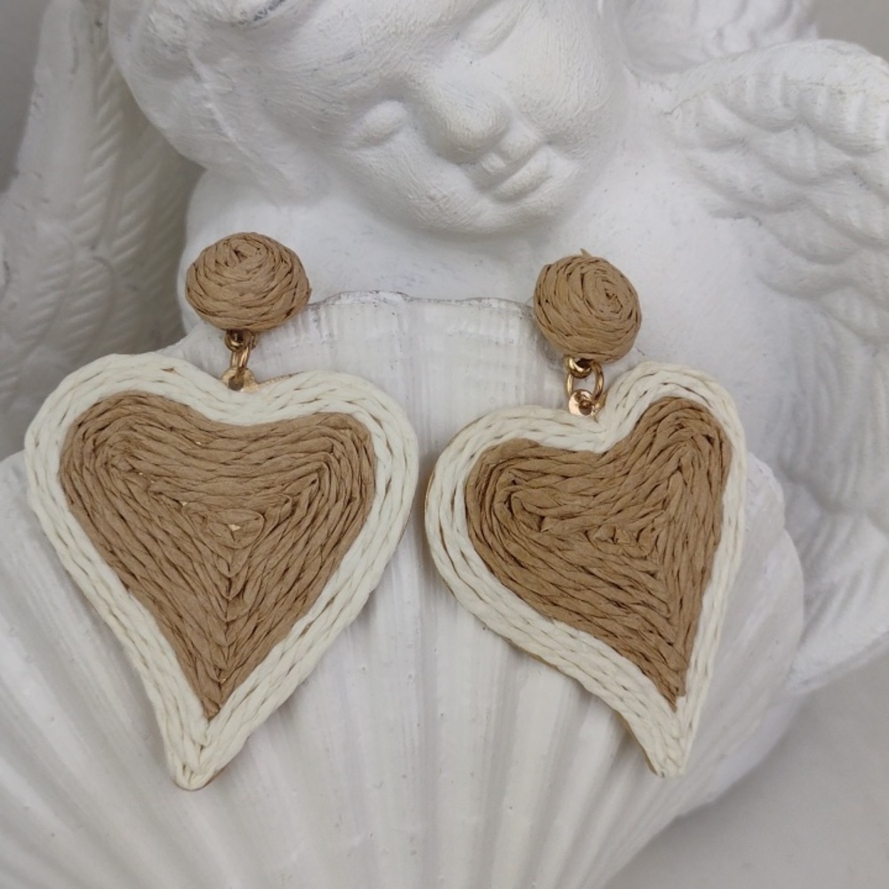 RUSH Artesan Made Natural Textile Heart Drop Earrings in Natural Tan & Cream